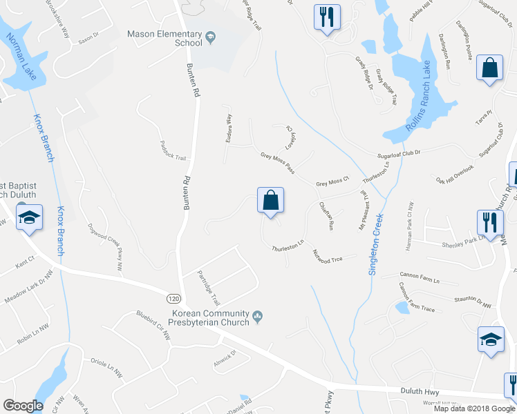 map of restaurants, bars, coffee shops, grocery stores, and more near 2734 Thurleston Lane in Duluth