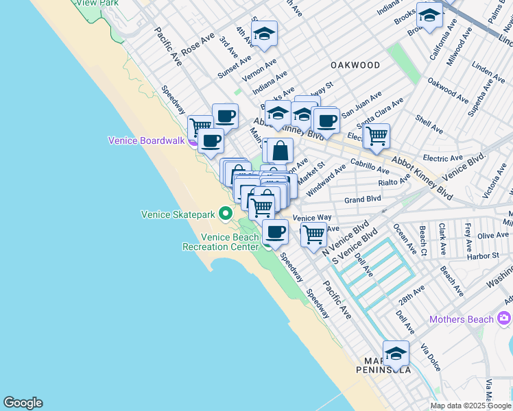 map of restaurants, bars, coffee shops, grocery stores, and more near 85 Market Street in Los Angeles