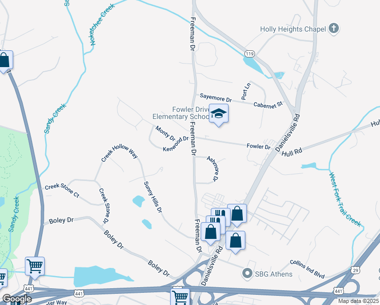 map of restaurants, bars, coffee shops, grocery stores, and more near 330 Freeman Drive in Athens