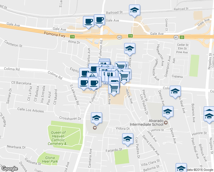 map of restaurants, bars, coffee shops, grocery stores, and more near 18340 Colima Road in La Puente
