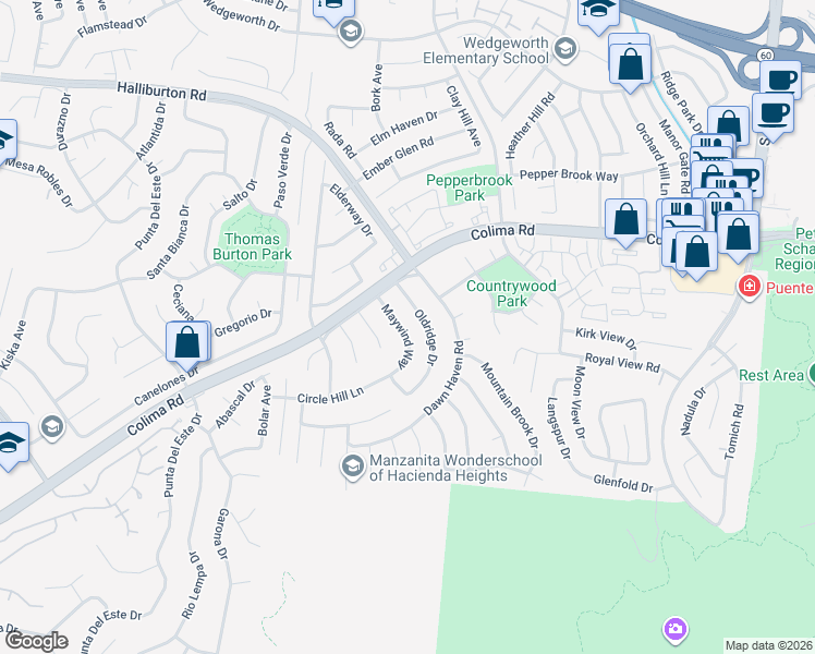 map of restaurants, bars, coffee shops, grocery stores, and more near 2238 Oldridge Drive in Hacienda Heights