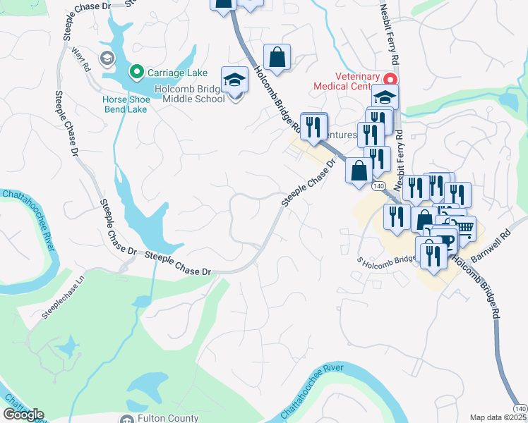 map of restaurants, bars, coffee shops, grocery stores, and more near 8595 Haven Wood Trail in Roswell