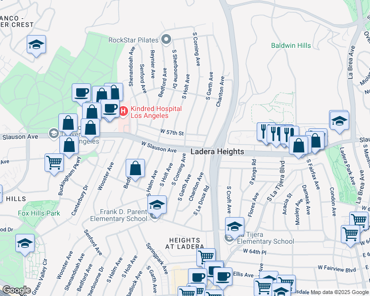 map of restaurants, bars, coffee shops, grocery stores, and more near West Slauson Avenue & South Corning Avenue in Los Angeles