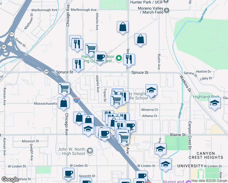 map of restaurants, bars, coffee shops, grocery stores, and more near 1341 Massachusetts Avenue in Riverside