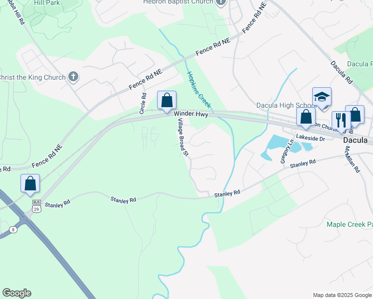 map of restaurants, bars, coffee shops, grocery stores, and more near 229 Village Broad Street in Dacula