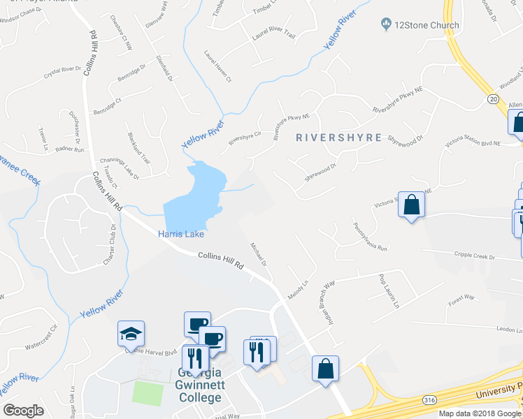 map of restaurants, bars, coffee shops, grocery stores, and more near 255 Michael Drive in Lawrenceville