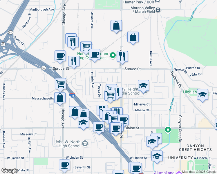 map of restaurants, bars, coffee shops, grocery stores, and more near 1341 Massachusetts Avenue in Riverside