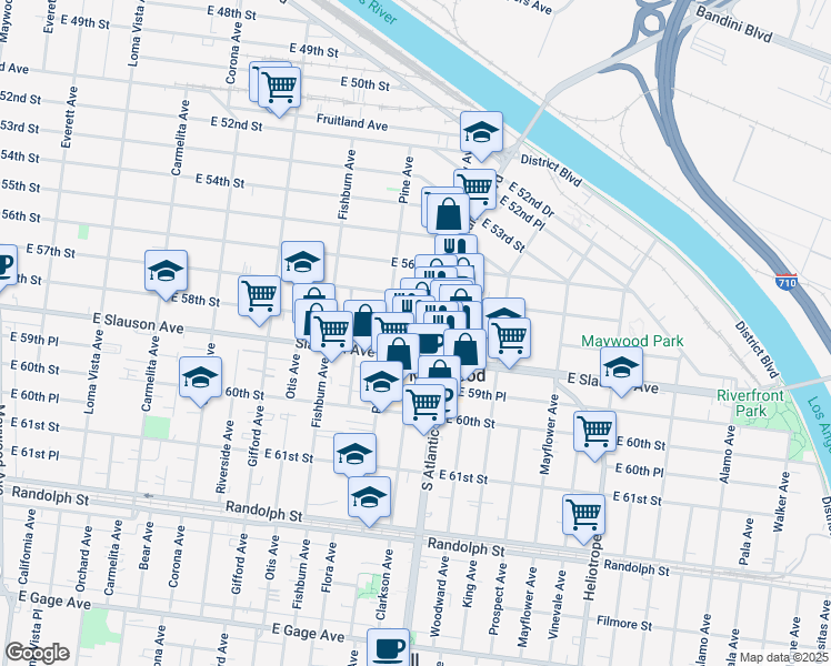 map of restaurants, bars, coffee shops, grocery stores, and more near 4429 East 58th Street in Maywood