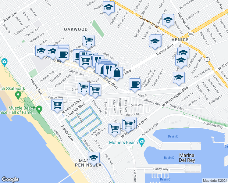 map of restaurants, bars, coffee shops, grocery stores, and more near 1781 Washington Way in Los Angeles