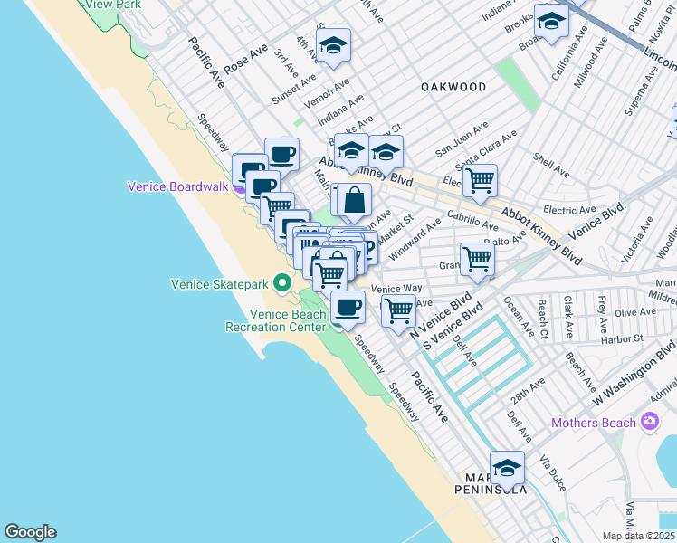 map of restaurants, bars, coffee shops, grocery stores, and more near 85 Market Street in Los Angeles