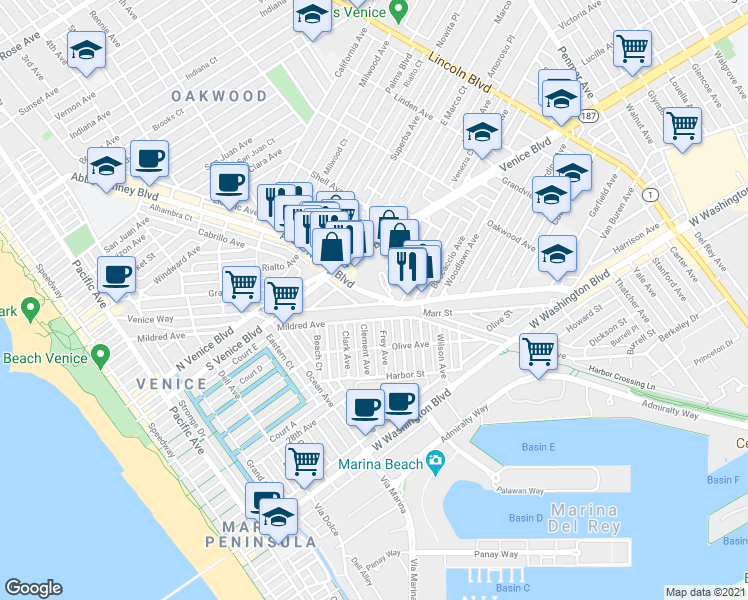 map of restaurants, bars, coffee shops, grocery stores, and more near 1735 Abbot Kinney Boulevard in Los Angeles