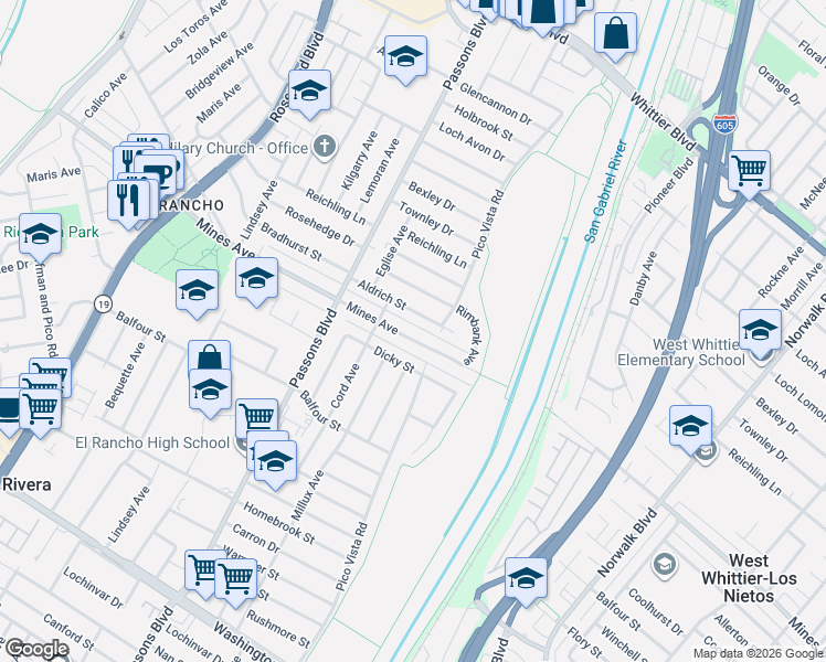 map of restaurants, bars, coffee shops, grocery stores, and more near 9537 Mines Avenue in Pico Rivera