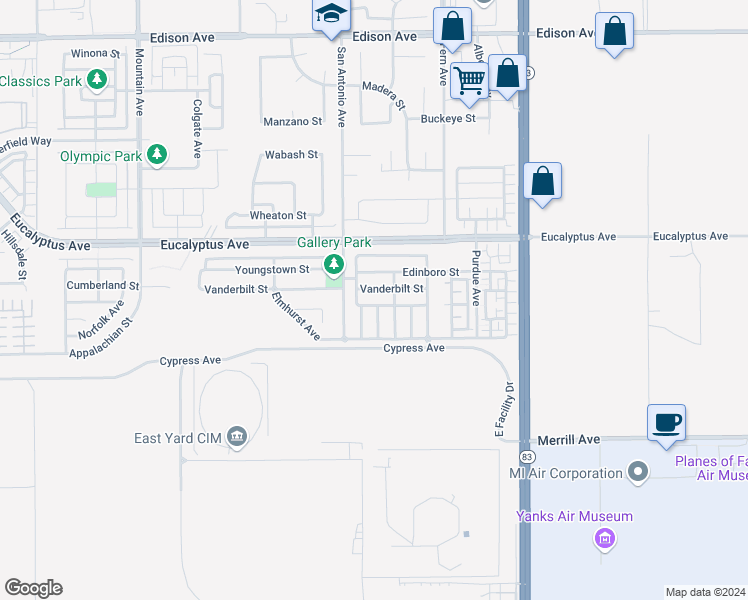 map of restaurants, bars, coffee shops, grocery stores, and more near 6766 Morehouse Street in Chino