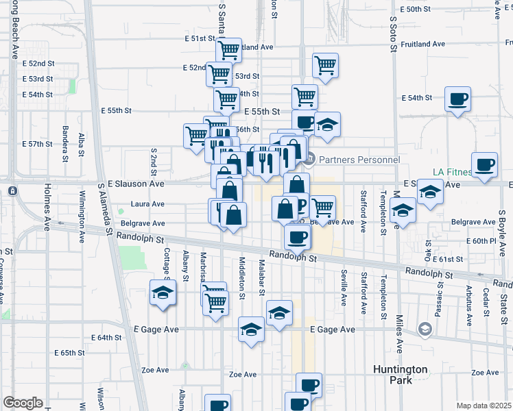 map of restaurants, bars, coffee shops, grocery stores, and more near 5939 Malabar Street in Huntington Park