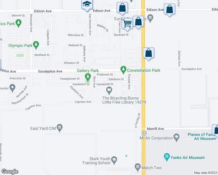 map of restaurants, bars, coffee shops, grocery stores, and more near 6860 Vanderbilt Street in Chino