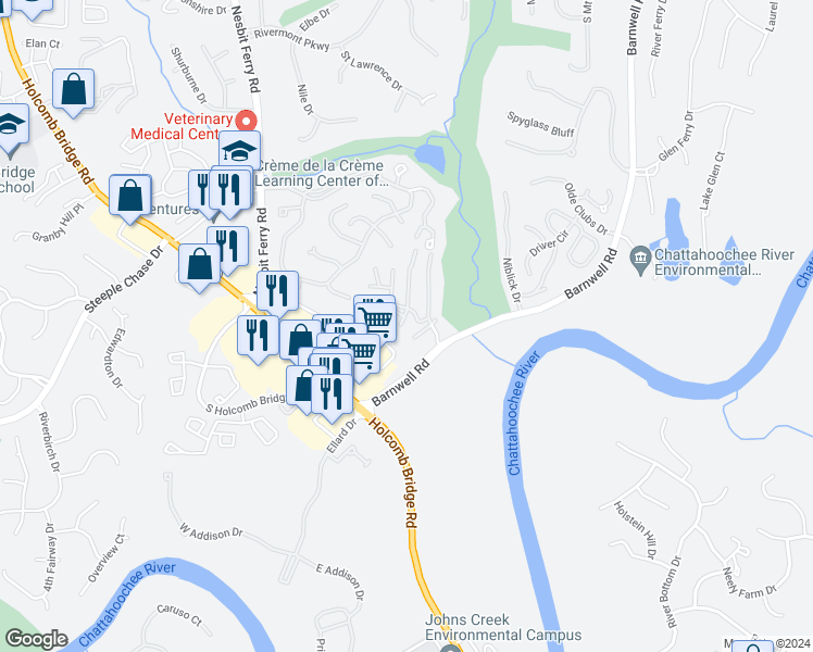 map of restaurants, bars, coffee shops, grocery stores, and more near 814 Dunes Way in Alpharetta