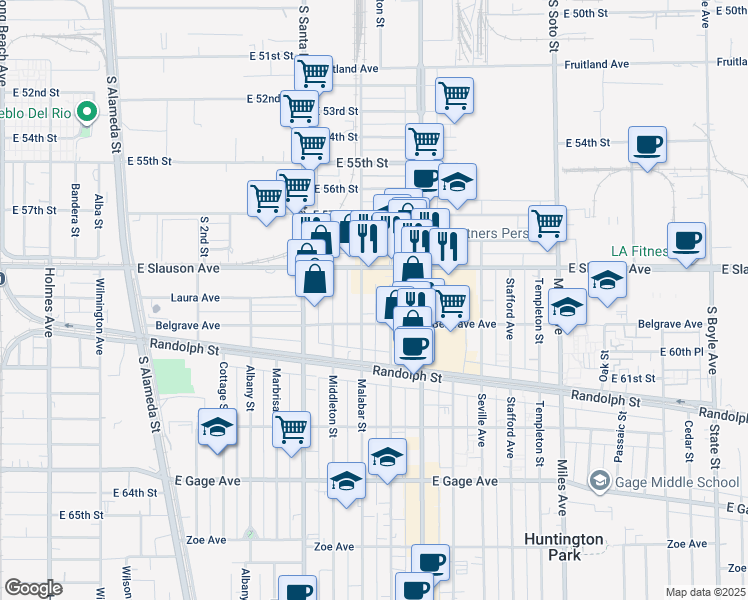map of restaurants, bars, coffee shops, grocery stores, and more near 5938 Malabar Street in Huntington Park