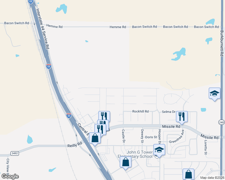 map of restaurants, bars, coffee shops, grocery stores, and more near 5599 Rhone Drive in Wichita Falls