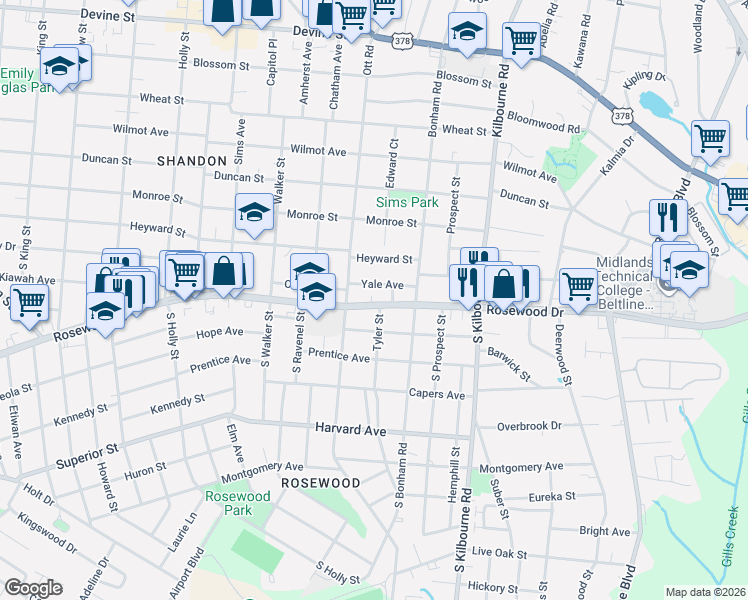 map of restaurants, bars, coffee shops, grocery stores, and more near 3422 Yale Avenue in Columbia