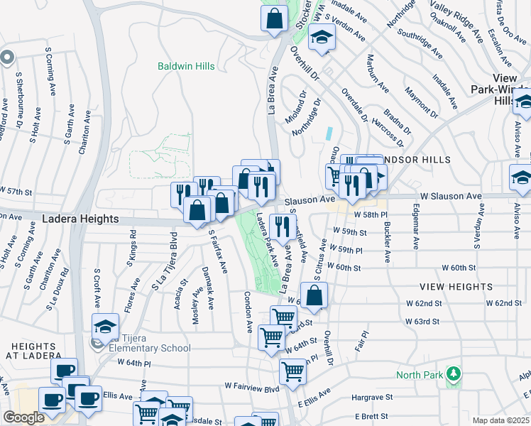 map of restaurants, bars, coffee shops, grocery stores, and more near 4714 West Slauson Avenue in View Park-Windsor Hills