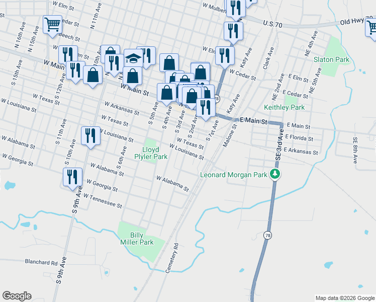 map of restaurants, bars, coffee shops, grocery stores, and more near West Louisiana Street in Durant