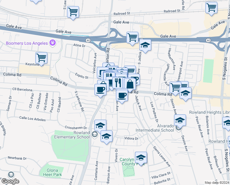 map of restaurants, bars, coffee shops, grocery stores, and more near 18351 Colima Road in Rowland Heights