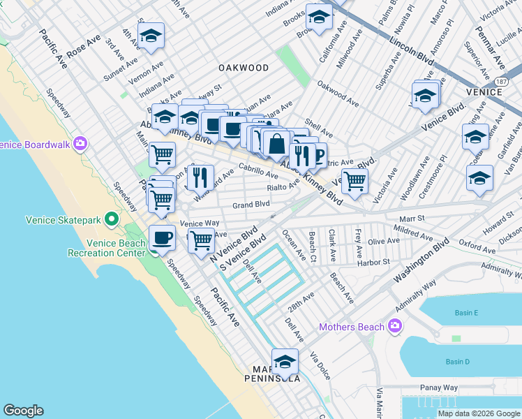 map of restaurants, bars, coffee shops, grocery stores, and more near 505 Grand Boulevard in Los Angeles