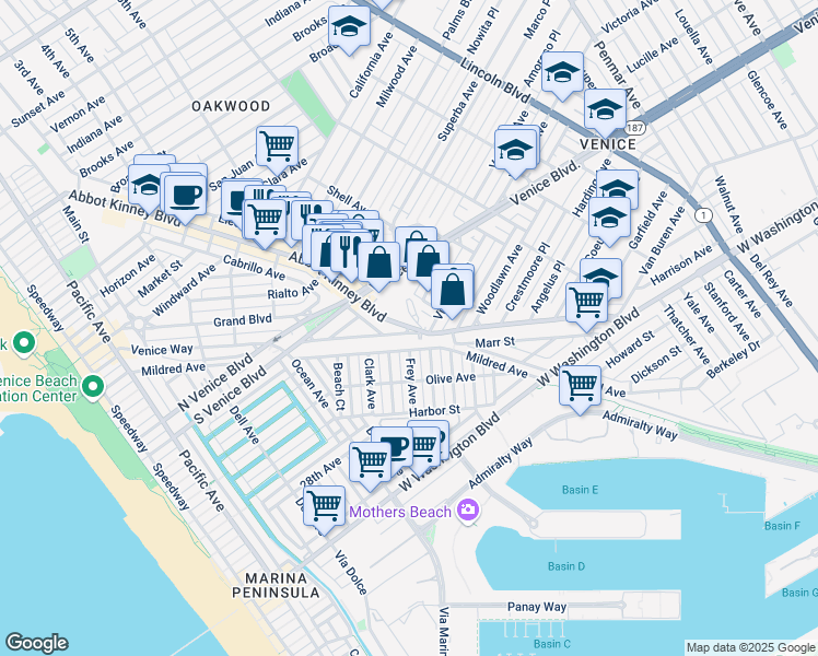 map of restaurants, bars, coffee shops, grocery stores, and more near 1735 Abbot Kinney Blvd in Venice