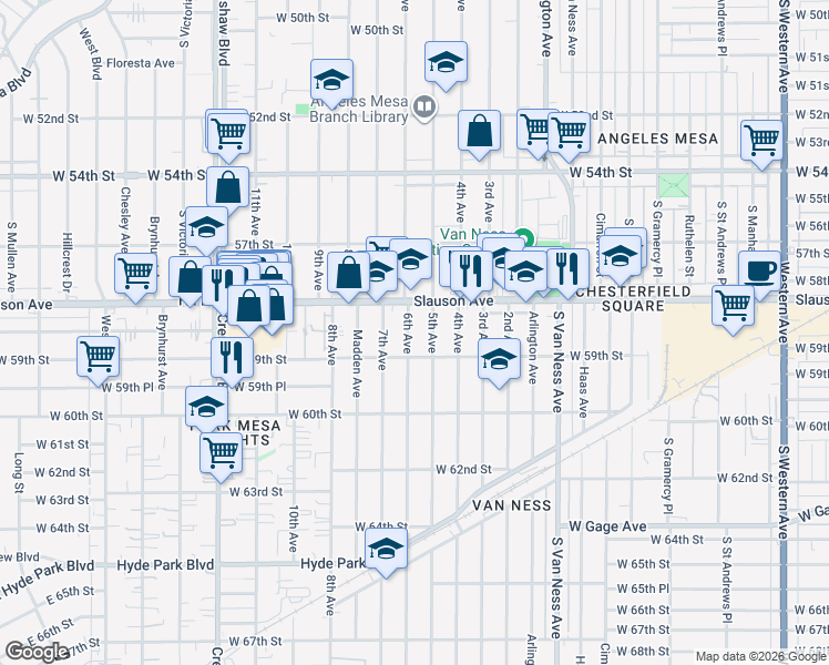map of restaurants, bars, coffee shops, grocery stores, and more near 5832 6th Avenue in Los Angeles