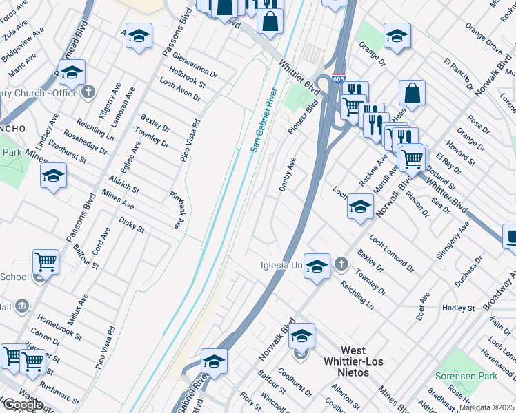 map of restaurants, bars, coffee shops, grocery stores, and more near 6623 Pioneer Boulevard in Whittier