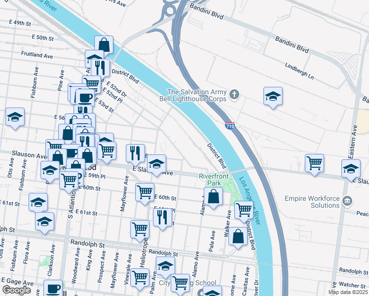 map of restaurants, bars, coffee shops, grocery stores, and more near 4885 East 52nd Place in Vernon