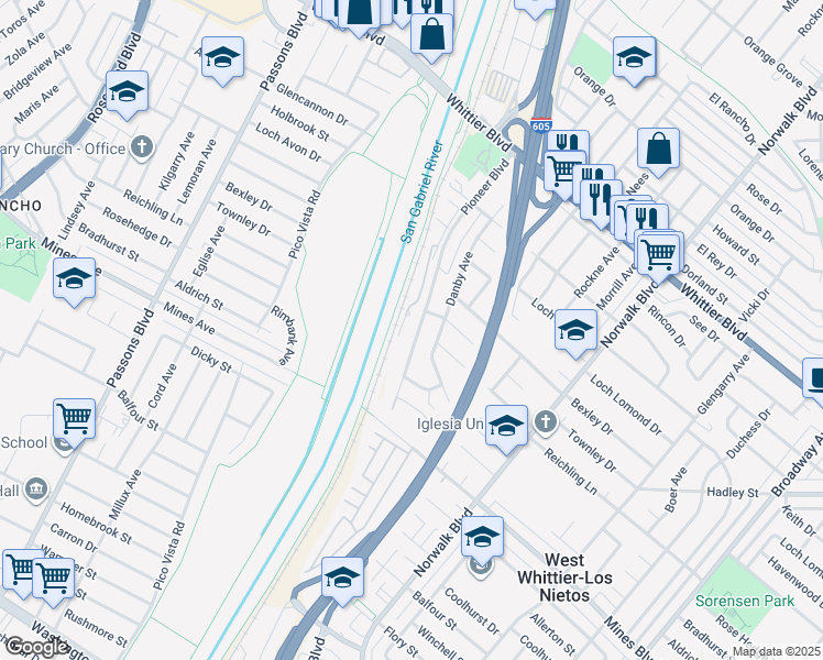 map of restaurants, bars, coffee shops, grocery stores, and more near 6623 Pioneer Boulevard in Whittier