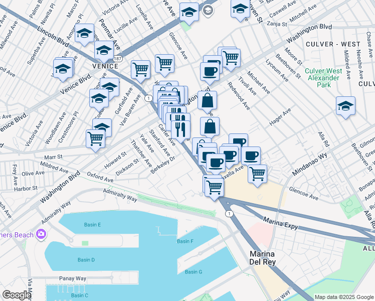 map of restaurants, bars, coffee shops, grocery stores, and more near Lincoln Blvd & Jefferson Way in Marina Del Rey