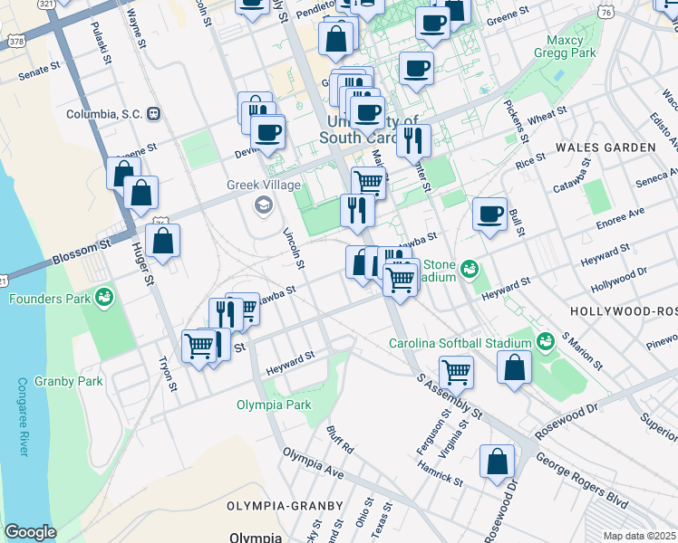 map of restaurants, bars, coffee shops, grocery stores, and more near 1001 Catawba Street in Columbia