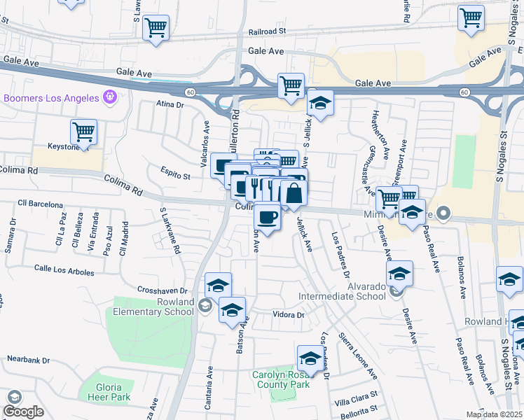 map of restaurants, bars, coffee shops, grocery stores, and more near 18406 Colima Road in Rowland Heights