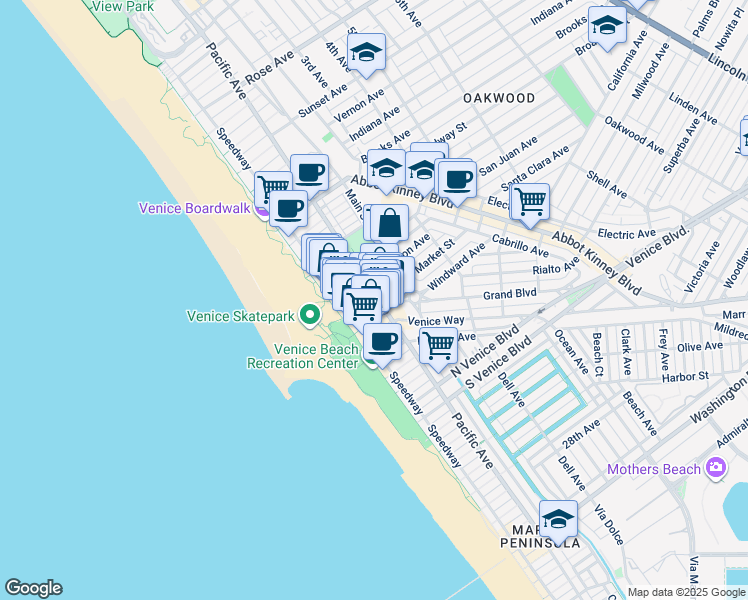 map of restaurants, bars, coffee shops, grocery stores, and more near 85 Market Street in Los Angeles