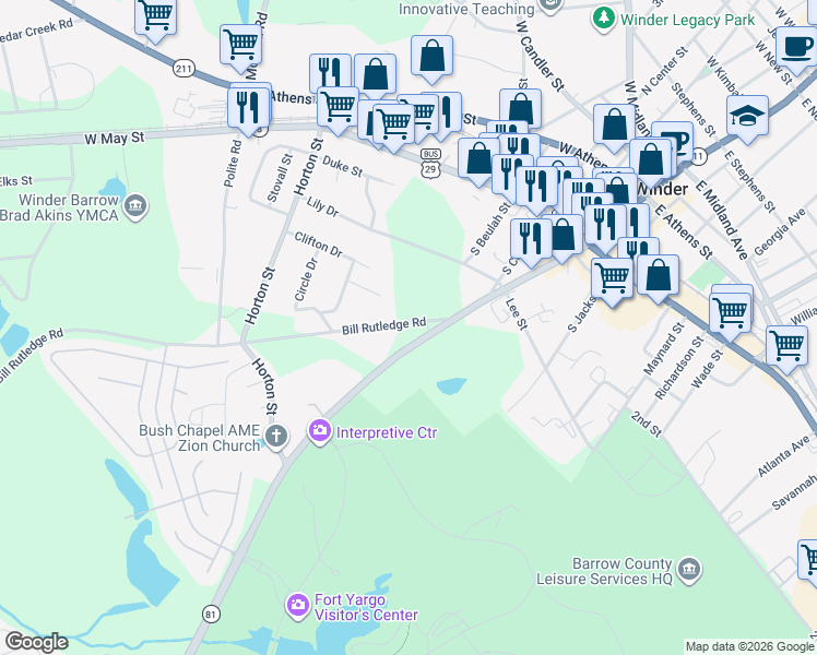 map of restaurants, bars, coffee shops, grocery stores, and more near 38 Patrick Mill Road in Winder
