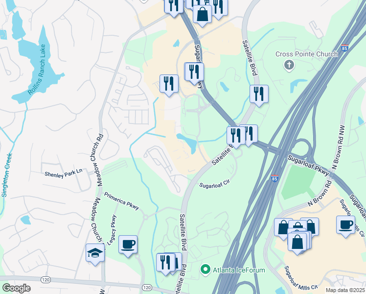 map of restaurants, bars, coffee shops, grocery stores, and more near 2605 Meadow Church Road in Duluth