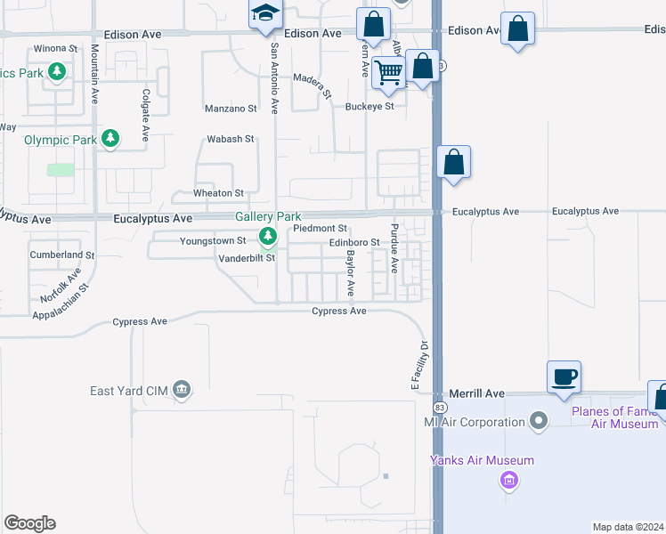 map of restaurants, bars, coffee shops, grocery stores, and more near 6842 Morehouse Street in Chino