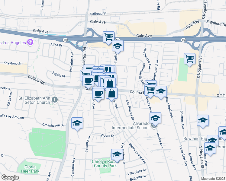 map of restaurants, bars, coffee shops, grocery stores, and more near Colima Road & Jellick Avenue in Rowland Heights