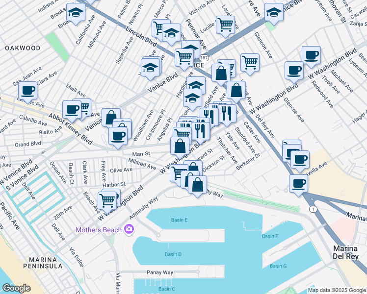 map of restaurants, bars, coffee shops, grocery stores, and more near 2741 Abbot Kinney Boulevard in Los Angeles