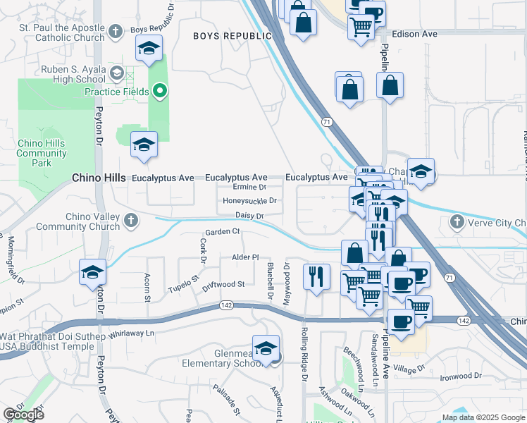 map of restaurants, bars, coffee shops, grocery stores, and more near 3786 Daisy Drive in Chino Hills