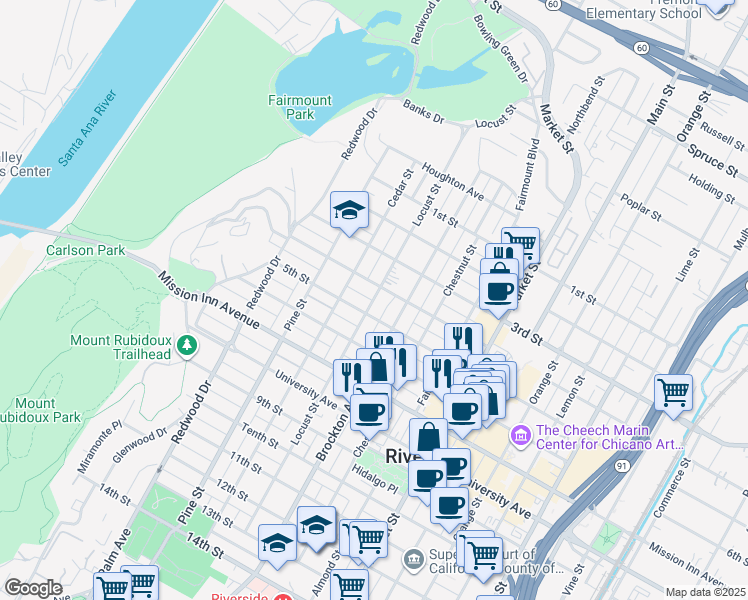 map of restaurants, bars, coffee shops, grocery stores, and more near 3407 Locust Street in Riverside