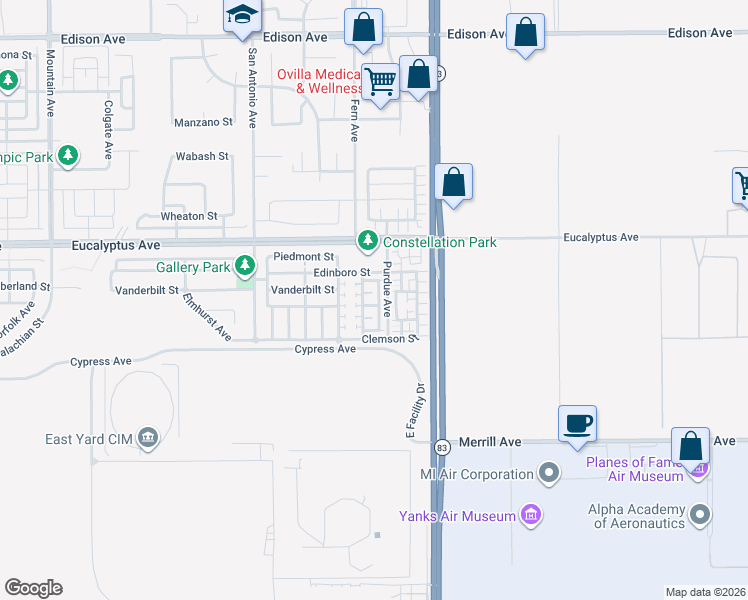 map of restaurants, bars, coffee shops, grocery stores, and more near 14556 Manchester Avenue in Chino