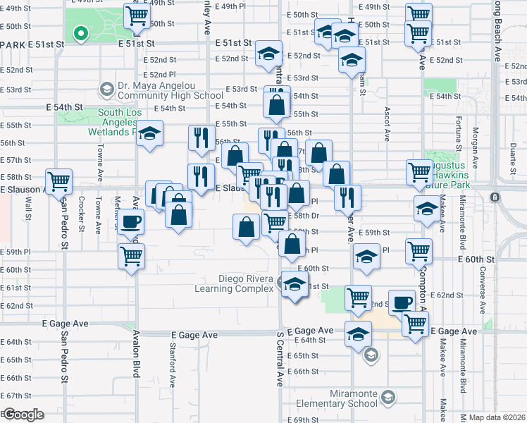 map of restaurants, bars, coffee shops, grocery stores, and more near 5837 South Central Avenue in Los Angeles