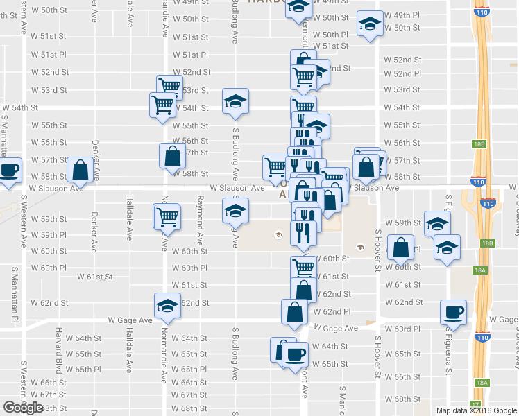 map of restaurants, bars, coffee shops, grocery stores, and more near 1121 West 58th Place in Los Angeles