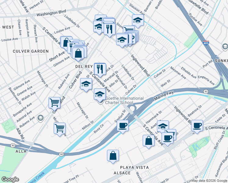 map of restaurants, bars, coffee shops, grocery stores, and more near 12309 Havelock Avenue in Culver City
