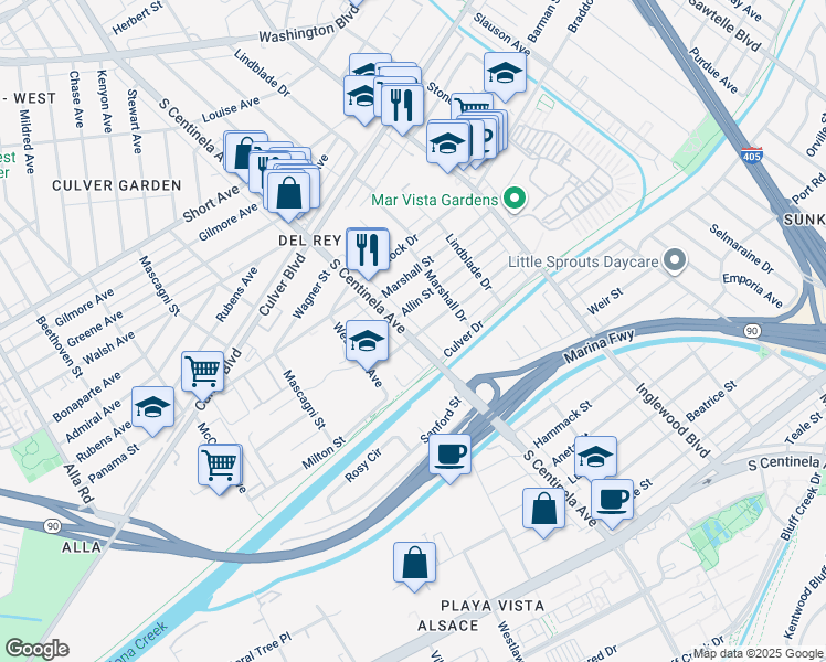 map of restaurants, bars, coffee shops, grocery stores, and more near 4904 South Centinela Avenue in Los Angeles