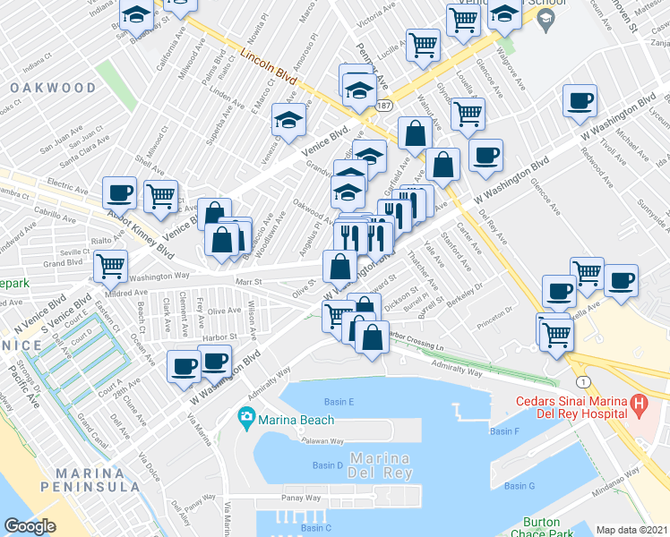 map of restaurants, bars, coffee shops, grocery stores, and more near 2724 Abbot Kinney Boulevard in Los Angeles