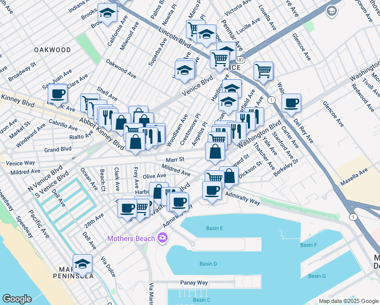 map of restaurants, bars, coffee shops, grocery stores, and more near 2500 Abbot Kinney Boulevard in Los Angeles